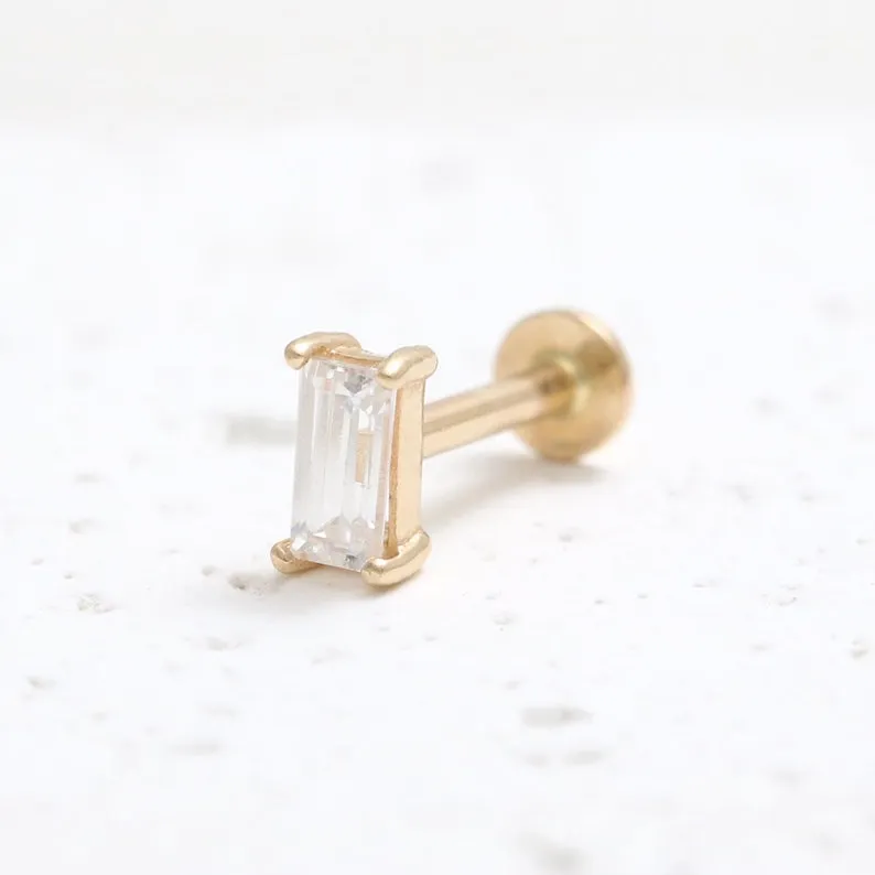 14K Gold Cartilage Helix Tragus Conch Baguette Cut Genuine Diamond Internally Threaded Flat Back Earring Labret