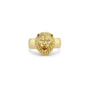 14k Lion Head with Diamond Eyes Wide Band Ring