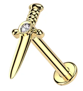 14kt Gold Dagger Clear CZ Internally Threaded Labret