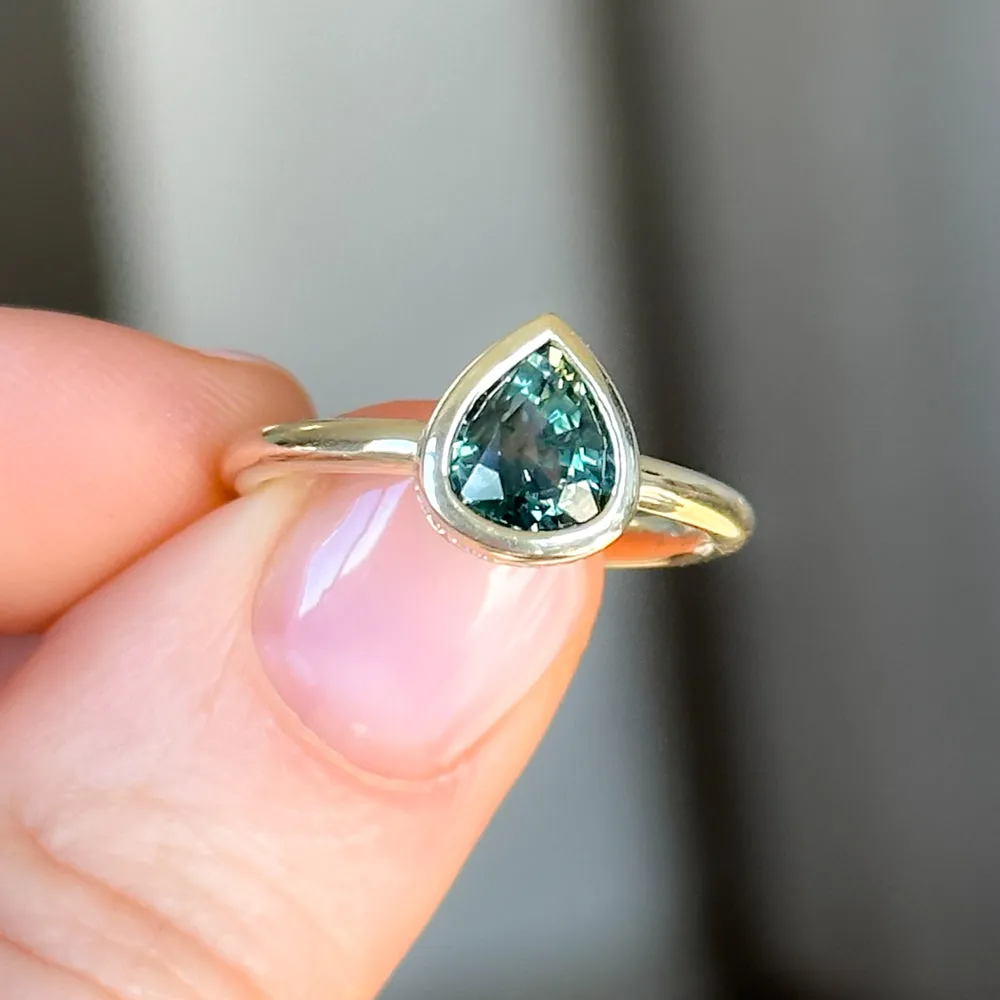 1.51ct Deep Green Teal Pear Sapphire Low Profile Hidden Halo Bezel Set Ring in 14k Green Gold