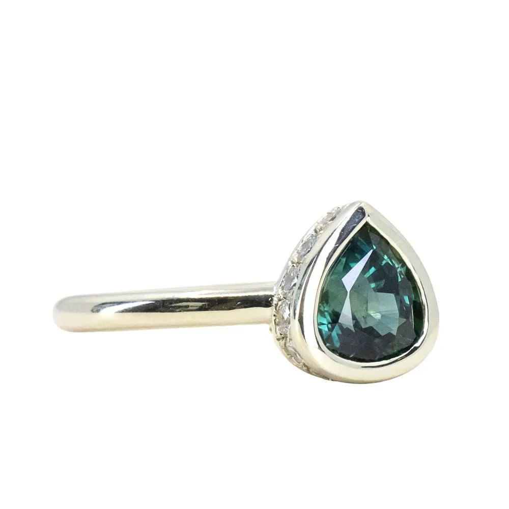 1.51ct Deep Green Teal Pear Sapphire Low Profile Hidden Halo Bezel Set Ring in 14k Green Gold