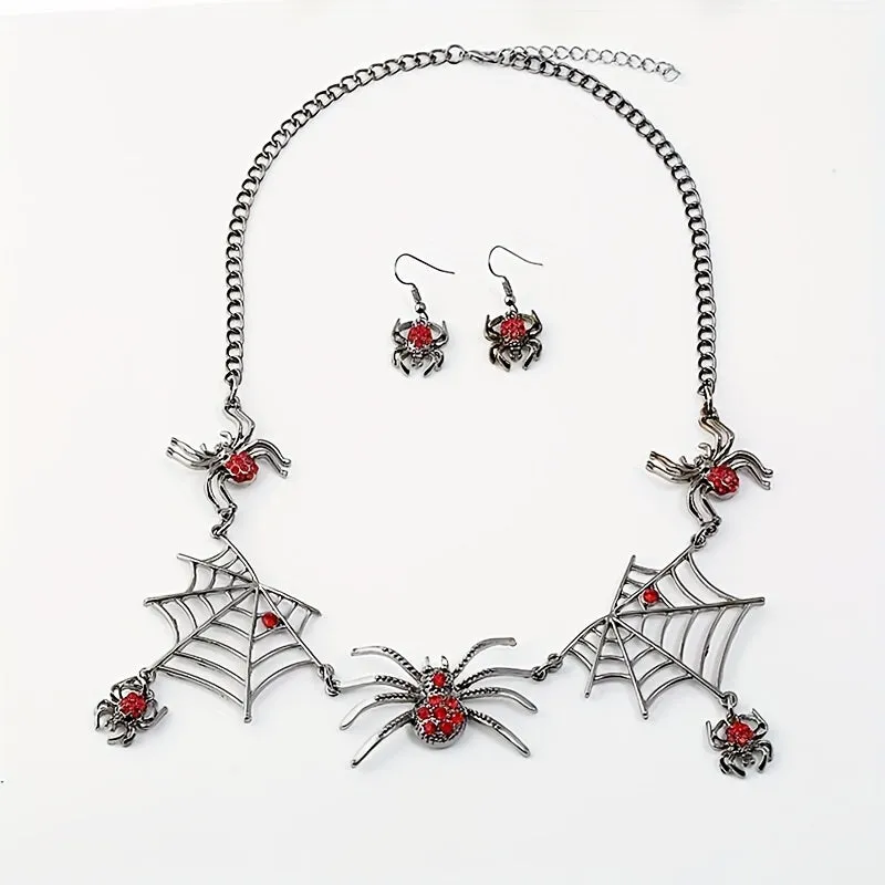 3pcs Earrings Plus Necklace Gothic Style Jewelry Set Horror Spider Design Inlaid Rhinestone Perfect Halloween Decor For Female