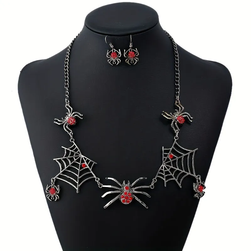 3pcs Earrings Plus Necklace Gothic Style Jewelry Set Horror Spider Design Inlaid Rhinestone Perfect Halloween Decor For Female