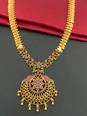 Attractive Party Wear Gold Plated Necklace With Ruby And Emerald Stones And Drops