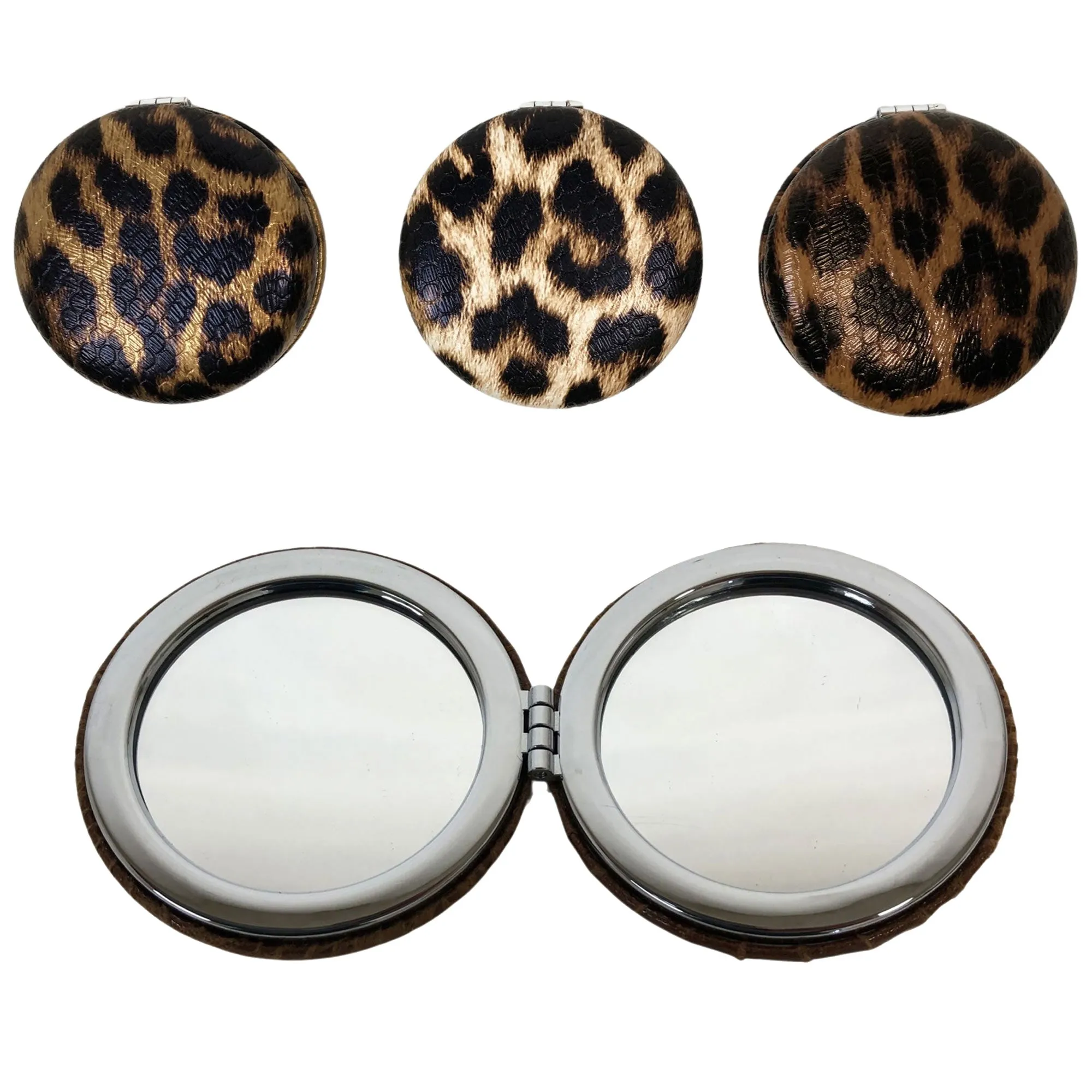 CLEARANCE ROUND COSMETIC LEOPARD PRINTS (CASE OF 48 - $1.50 / PIECE)  Wholesale Cosmetic Mirrors in Assorted Prints SKU: 909-LEO-48