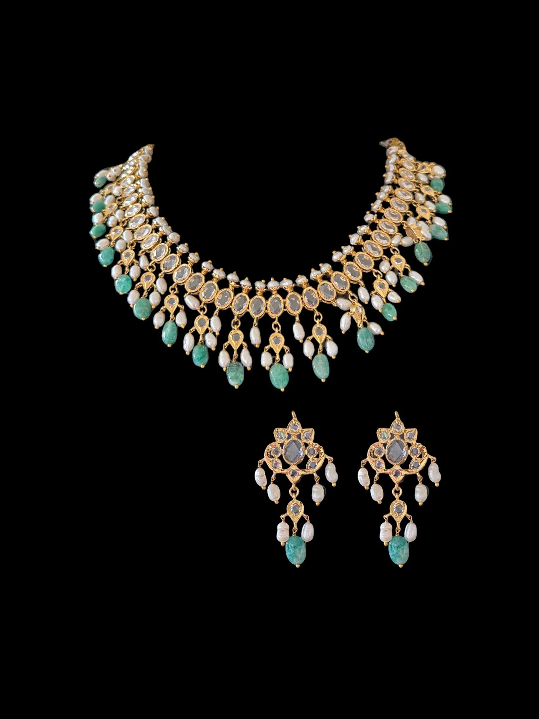 DNS110 Barfi necklace set in fresh water pearls and emerald beads ( SHIPS IN 4 WEEKS )