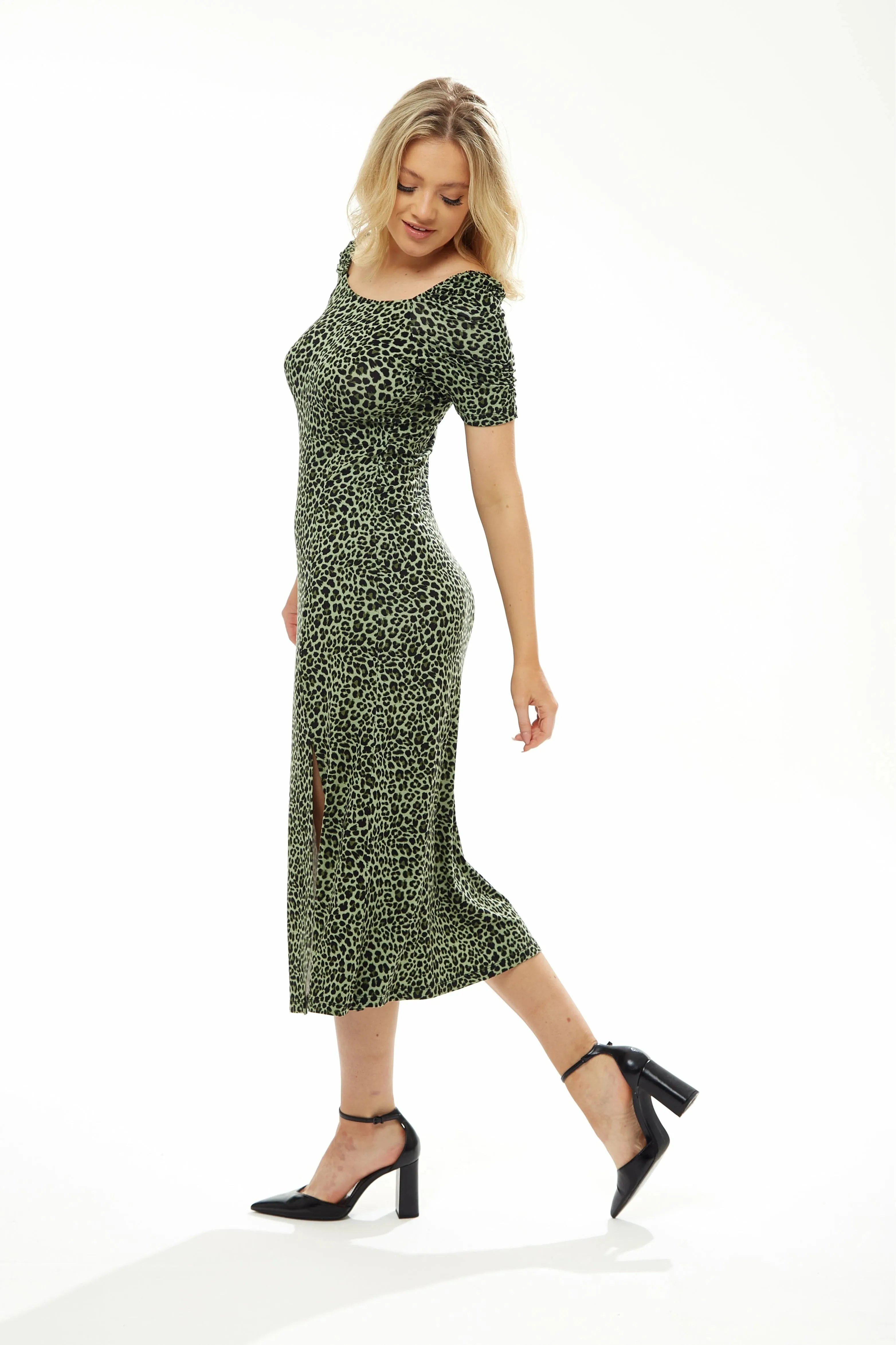 Liquorish Fitted Midi Dress In Khaki Animal Print