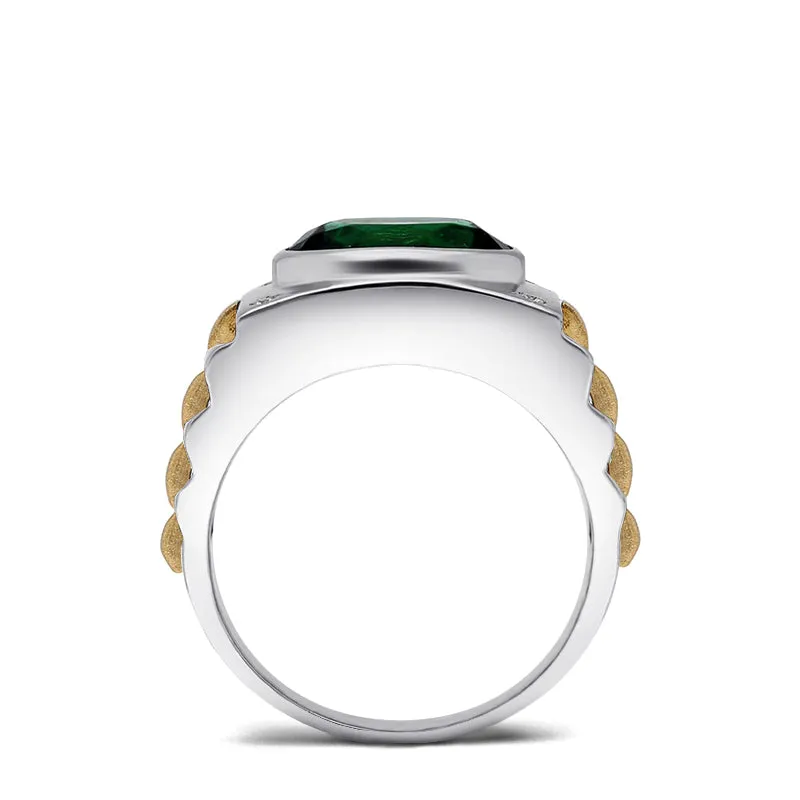 Male Diamond Ring with 4.50 ct Bezel Set Emerald Gemstone Solid Gold Men's Birthstone Jewelry