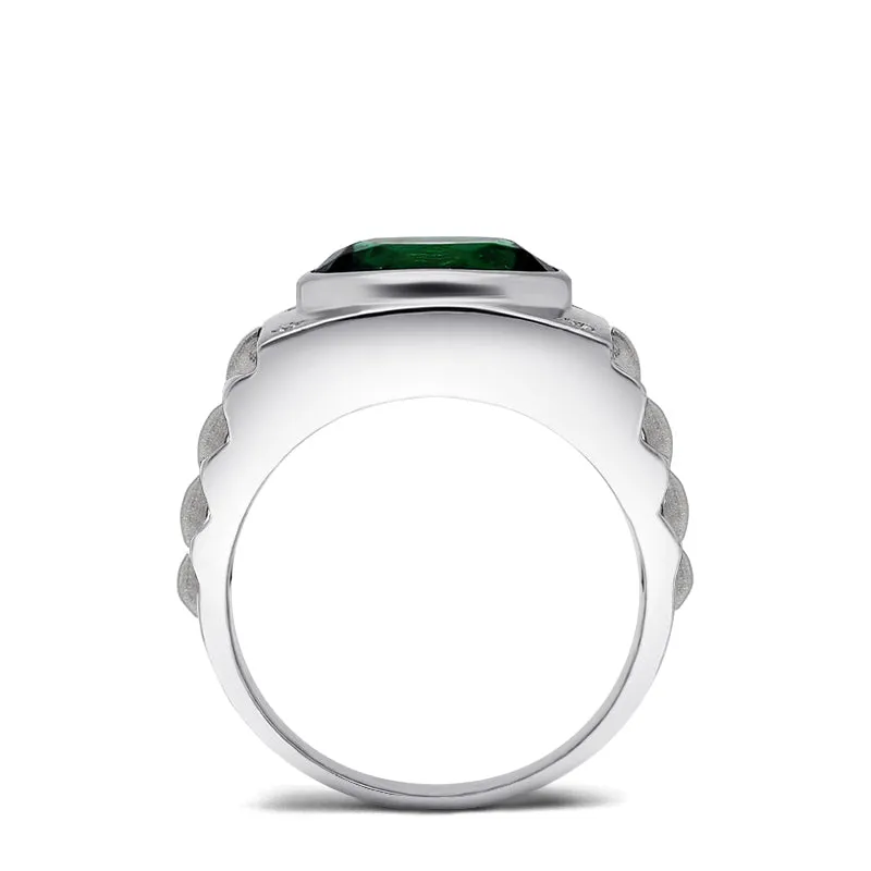 Male Diamond Ring with 4.50 ct Bezel Set Emerald Gemstone Solid Gold Men's Birthstone Jewelry