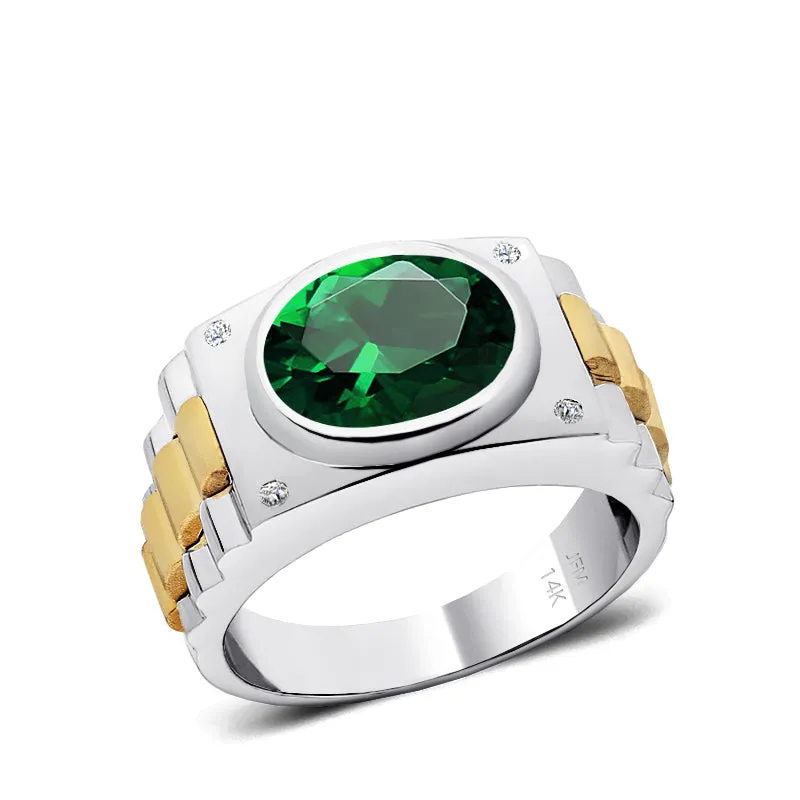 Male Diamond Ring with 4.50 ct Bezel Set Emerald Gemstone Solid Gold Men's Birthstone Jewelry