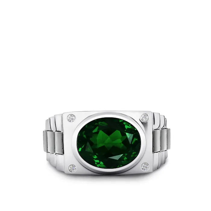 Male Diamond Ring with 4.50 ct Bezel Set Emerald Gemstone Solid Gold Men's Birthstone Jewelry