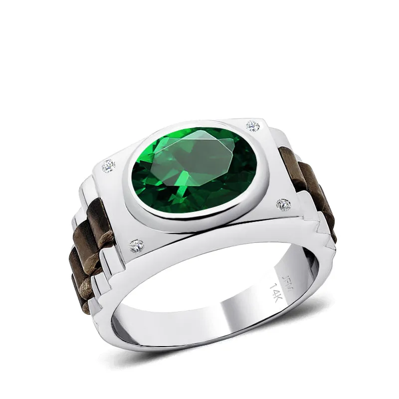 Male Diamond Ring with 4.50 ct Bezel Set Emerald Gemstone Solid Gold Men's Birthstone Jewelry