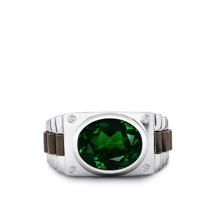 Male Diamond Ring with 4.50 ct Bezel Set Emerald Gemstone Solid Gold Men's Birthstone Jewelry