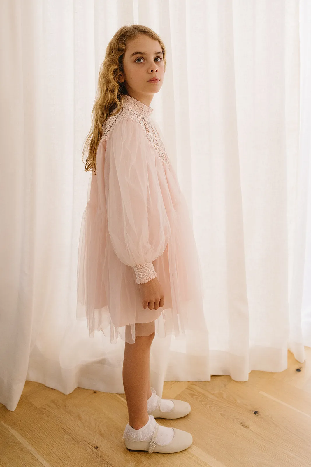 PETITE AMALIE Soleil Lace Applique Tulle Baydoll Dress in Shell Pink