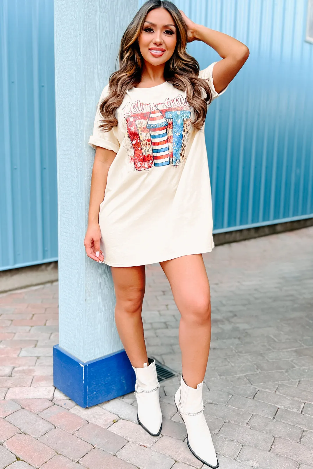 "Let's Get Lit" Oversized Graphic T-Shirt Dress (Vanilla) - Print On Demand