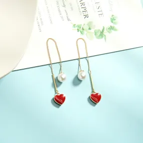 Red Heart Needle Drop Dangle Earrings