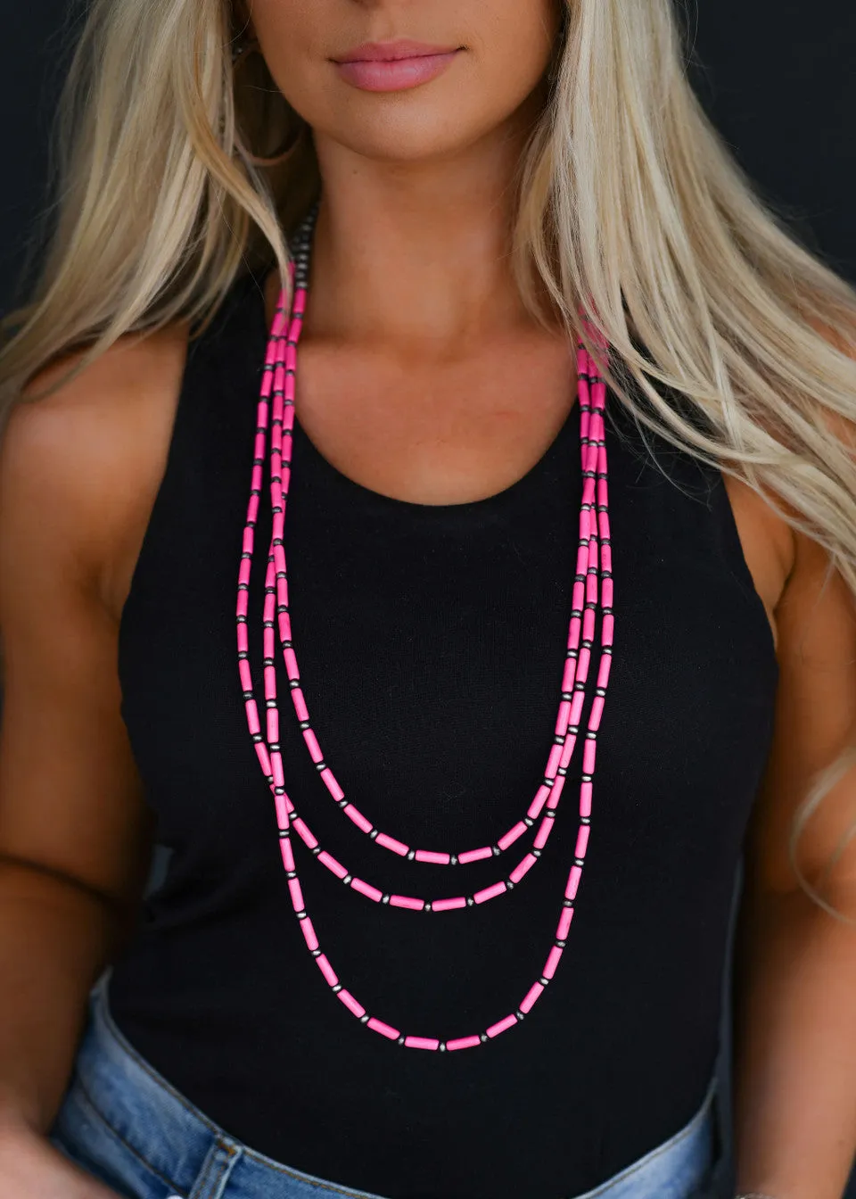 Three Strand Pink Bead Necklace