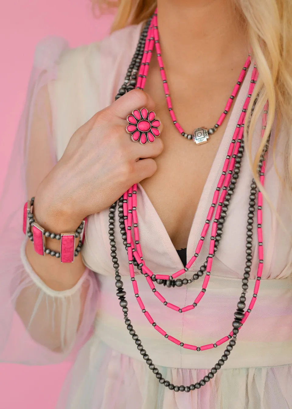 Three Strand Pink Bead Necklace